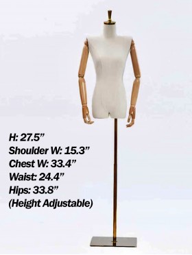 Gold  Stainless Top & Wooden Base Mannequin Bust Display (Adjustable)